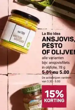 Ekoplaza La Bio Idea ANSJOVIS, PESTO OF OLIJVEN aanbieding