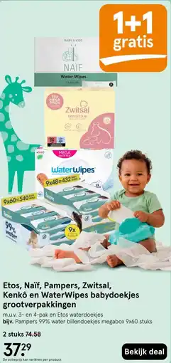 Etos Etos, Naïf, Pampers, Zwitsal, Kenkô en WaterWipes babydoekjes grootverpakkingen aanbieding