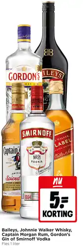Jumbo Baileys, Johnnie Walker Whisky, Captain Morgan Rum, Gordon's Gin of Smirnoff Vodka aanbieding