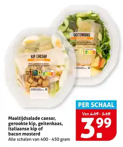 Hoogvliet Maaltijdsalade caesar, gerookte kip, geitenkaas, italiaanse kip of bacon mosterd aanbieding