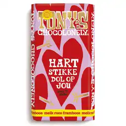 PLUS Tony's Chocolonely Gifting liefde Melk Roos Framboos aanbieding
