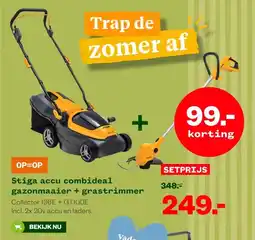 Welkoop Stiga accu combideal gazonmaaier + grastrimmer aanbieding