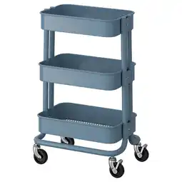 IKEA Een blauwe rÅskog trolley met drie planken op wielen aanbieding