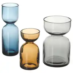 IKEA Drie gekleurde glazen vazen: blauw, amber, grijs. Perfect voor bloemen of planten aanbieding