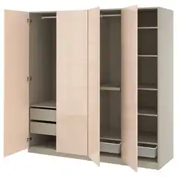 IKEA Ikea pax kledingkast, wit, hoogglans, rechthoekig, open deuren met planken en lades aanbieding