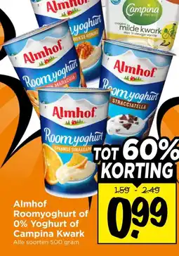 Vomar Voordeelmarkt Almhof Roomyoghurt of 0% Yoghurt of Campina Kwark aanbieding