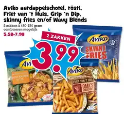 Boon`s Markt Aviko aardappelschotel, rösti, Friet van 't Huis, Grip 'n Dip. skinny fries en/of Wavy Blends aanbieding