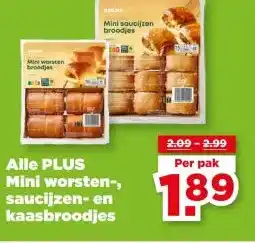 PLUS Alle PLUS Mini worsten-, saucijzen- en kaasbroodjes aanbieding