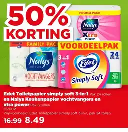 PLUS Edet Toiletpapier simply soft 3-in-1 Pak 24 rollen en Nalys Keukenpapier vochtvangers en xtra power aanbieding