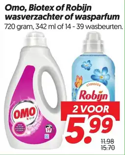Dekamarkt Omo, Biotex of Robijn wasverzachter of wasparfum aanbieding