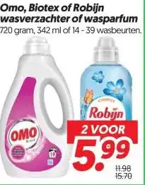 Dekamarkt Omo, Biotex of Robijn wasverzachter of wasparfum aanbieding