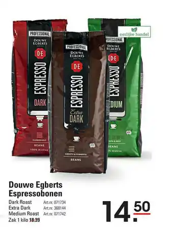 Sligro Douwe Egberts Espressobonen Dark Roast, Extra Dark Of Medium Roast aanbieding