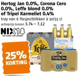 Poiesz Hertog Jan 0.0%, Corona Cero 0.0%, Leffe blond 0.0% of Tripel Karmeliet 0.4% aanbieding