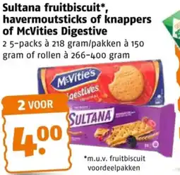 Poiesz Sultana fruitbiscuit, havermoutsticks of knappers of McVities Digestive aanbieding