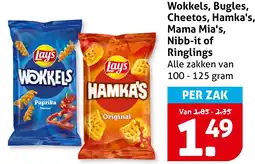 Hoogvliet Wokkels, Bugles, Cheetos, Hamka's, Mama Mia's, Nibb-it of Ringlings aanbieding