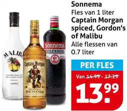 Hoogvliet Sonnema, Captain Morgan spiced, Gordon's of Malibu aanbieding
