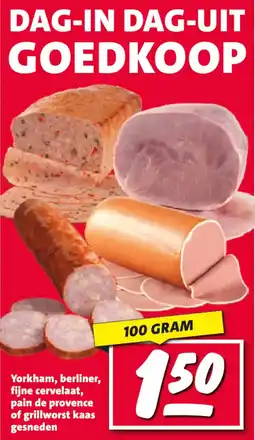 Nettorama Yorkham, berliner, fijne cervelaat, pain de provence of grillworst kaas gesneden aanbieding
