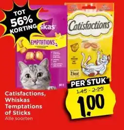 Vomar Voordeelmarkt Catisfactions, Whiskas Temptations of Sticks aanbieding