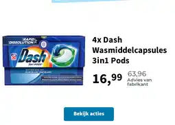 Plein.nl 4x Dash Wasmiddelcapsules 3in1 Pods aanbieding