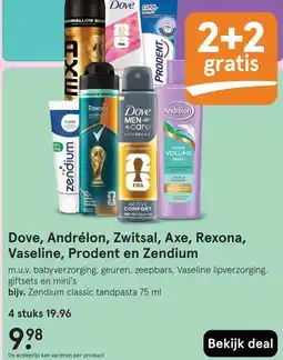 Etos Dove, Andrélon, Zwitsal, Axe, Rexona, Vaseline, Prodent en Zendium aanbieding