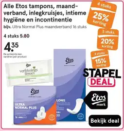 Etos Alle Etos tampons, maand- verband, inlegkruisjes, intieme hygiëne en incontinentie aanbieding