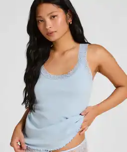 Hunkemoller Hunkemöller Rib Jersey Singlet met Kant Blauw aanbieding