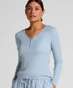 Hunkemoller Hunkemöller Pyjamatop met lange mouwen Henley Blauw aanbieding