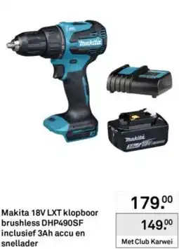 Karwei Makita 18V LXT klopboor brushless DHP490SF inclusief 3Ah accu en snellader aanbieding