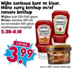 Boon`s Markt Wijko satésaus kant en klaar, Heinz curry ketchup en/of tomato ketchup aanbieding