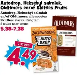 Boon`s Markt Autodrop. Heksehyl salmiak. Oldtimers en/of Skittles Fruits aanbieding