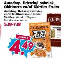 Boon`s Markt Autodrop. Heksehyl salmiak. Oldtimers en/of Skittles Fruits aanbieding