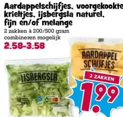 Boon`s Markt Aardappelschijfjes, voorgekookte krieltjes. ijsbergsla naturel. fijn en/of melange aanbieding
