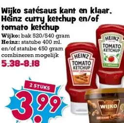 Boon`s Markt Wijko satésaus kant en klaar, Heinz curry ketchup en/of tomato ketchup aanbieding