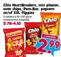 Boon`s Markt Chio HeartBreakers, mix plosion. oven chips. Pom-Bar, popcorn en/of XXL flippies aanbieding