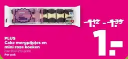 PLUS Plus cake mergpijpjes en mini roze koeken aanbieding