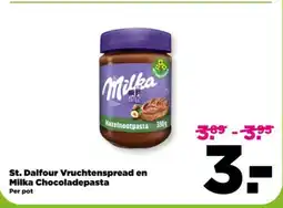 PLUS St. dalfour vruchtenspread en milka chocoladepasta aanbieding