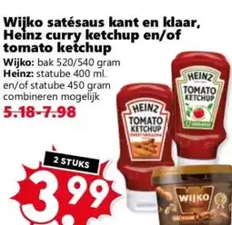 Coop Wijko satésaus kant en klaar, Heinz curry ketchup en/of tomato ketchup aanbieding