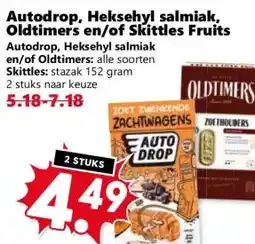 Coop Autodrop, Heksehyl salmiak, Oldtimers en/of Skittles Fruits aanbieding