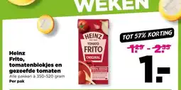 PLUS Heinz Frito, tomatenblokjes en gezeefde tomaten aanbieding