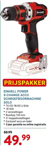 Kluswijs EINHELL POWER X-CHANGE ACCU SCHROEFSCHROEFBOORMACHINE SOLO aanbieding