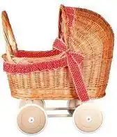 Bol.com Angel toys Poppenwagen met rieten kap rood met witte stippen aanbieding