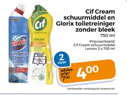Trekpleister Cif Cream schuurmiddel en Glorix toiletreiniger zonder bleek aanbieding
