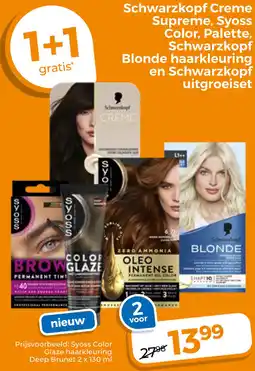 Trekpleister Schwarzkopf Creme Supreme, Syoss Color, Palette, Schwarzkopf Blonde haarkleuring en Schwarzkopf uitgroeiset aanbieding