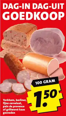 Boni Yorkham, berliner, fijne cervelaat, pain de provence of grillworst kaas gesneden aanbieding