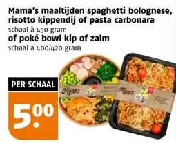 Poiesz Mama's maaltijden spaghetti bolognese, risotto kippendij of pasta carbonara of poké bowl kip of zalm aanbieding