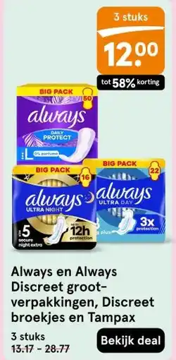 Etos Always en Always Discreet groot- verpakkingen, Discreet broekjes en Tampax aanbieding