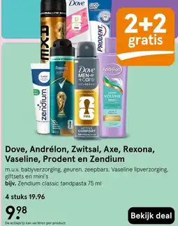 Etos Dove, Andrélon, Zwitsal, Axe, Rexona, Vaseline, Prodent en Zendium aanbieding