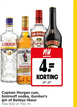 Jumbo Captain Morgan rum, Smirnoff vodka, Gordon's gin of Baileys likeur aanbieding