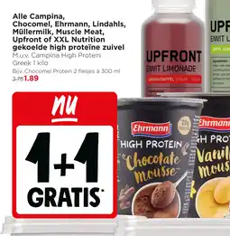 Jumbo Alle campina, chocomel, ehrmann, lindahls, müllermilk, muscle meat, upfront of XXL nutrition gekoelde high proteïne zuivel aanbieding
