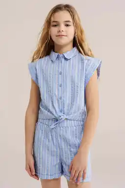 Wehkamp WE Fashion gestreepte blousetop lichtblauw met textuur aanbieding